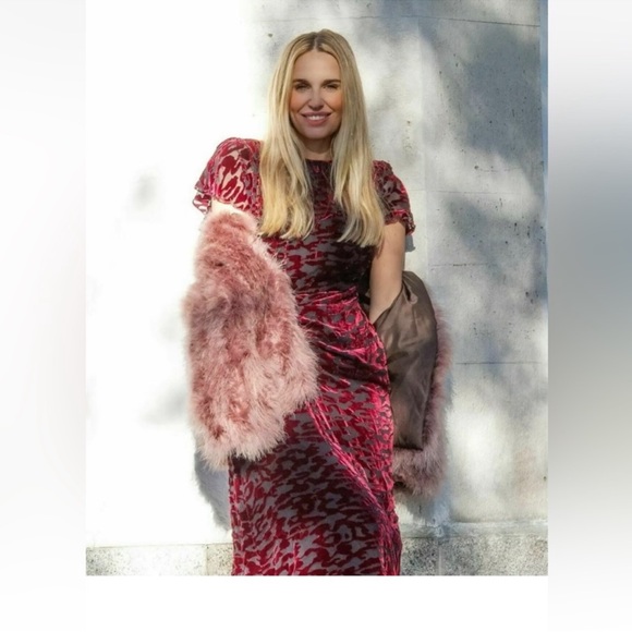 ZARA Velvet Burnout Draped Burgundy Midi Dress NWT - Picture 6 of 8